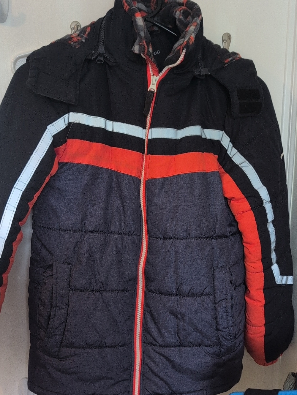 London Fog Black and Red Boy’s Puffer Jacket with Reflective Stripes
